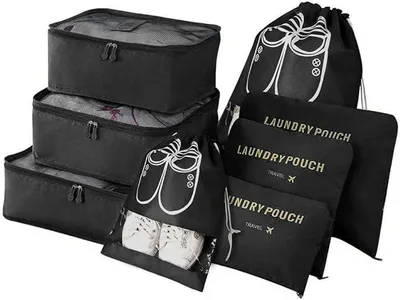 Produktbild von PolkaHome® Packing Cubes 8-teilig – Reiseorganizer mit Schuhtasche, Koffer Organizer aus Nylon, Schwarz, S