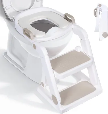 Immagine prodotto di moovkee. Sedile WC per bambini con gradini - da 1,5 anni - Beige riduttore WC 2 in 1 per bambini e bambine, altezza regolabile, antiscivolo