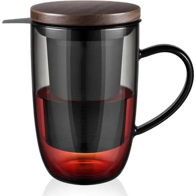 Produktbild von Teetasse 440 ml Schwarzes Borosilikatglas mit Edelstahlsieb und Bambusdeckel