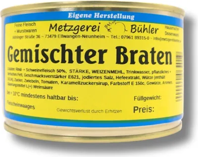 Produktbild von Gemischter Braten Fertiggericht Gourmet aus Rind und Schweinefleisch 400g in der Dose Premium Fleischgericht