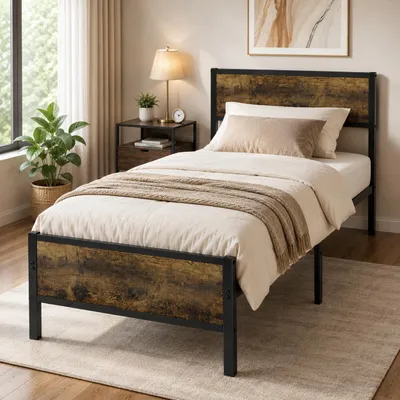 Immagine prodotto di Letto in metallo 90x200 cm, struttura vintage con testiera e pediera effetto legno, resistente fino a 160 kg, vano portaoggetti sotto il letto, nero, design industriale