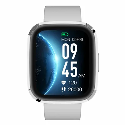 A smartwatch with a white band and a silver-colored bezel, displaying the time, date, battery level, heart rate, and step count on its screen.