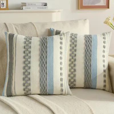 Produktbild von 2er Set Kissenbezüge 45x45 cm Grau Getuftet Streifen Chenille Versteckter Reißverschluss
