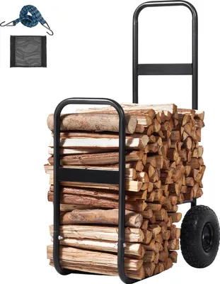 Produktbild von SucceBuy 250 lbs ocelový vozík na palivové dřevo, vnitřní/venkovní, pneumatická kola, vozík na přepravu dřeva, převoz krbů/krbů, černý
