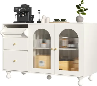 Produktbild von Hochschrank,Sideboard(Weiss)mit Glastür und Handtuchhalter-Design, stilvoller Aufbewahrungsschrank, multifunktionale moderne Möbel