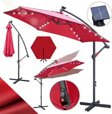 Produktbild von Faziango Sonnenschirm 3,5m Rot mit LED Beleuchtung, Gartenschirm mit Kurbel, UV 50+ Sonnenschutz, kippbar & wetterfest, inkl. Kreuzfuß