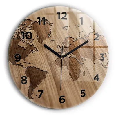 Produktbild von Wallfluent Wanduhr – Stilles Quarzuhrwerk - Uhr Dekoration Wohnzimmer Schlafzimmer Küche - Zifferblatt - schwarze Zeiger - 30 cm - Weltkarte auf Holz