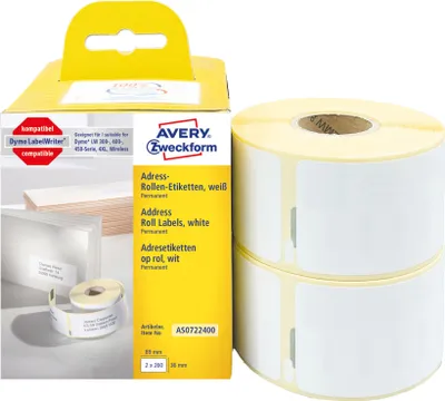 Produktbild von Avery Zweckform AS0722400, Rollen-Etiketten, 36 x 89 mm, 520 Etiketten / 2 Rollen, weiß