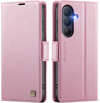 Produktbild von Lederhülle für Samsung Galaxy S26, RFID Schutz Handyhülle mit Magnetverschluss, Kartenfächern und Ständer Pink