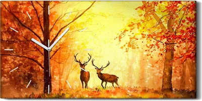Produktbild von Küche Wohnzimmer Wand Leinwand Uhr 60x30 Malerei Wald Bäume Herbst Hirsch Kunst - weiße Hände