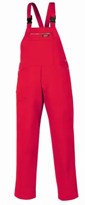 A red pair of overalls is shown against a white background.