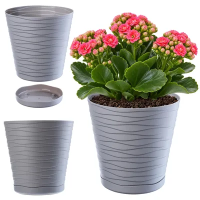 Immagine prodotto di KADAX vaso da fiori con piattino "Greve", vaso da fiori, vaso per piante in plastica, fioriera, rotondo, 15 cm, grigio