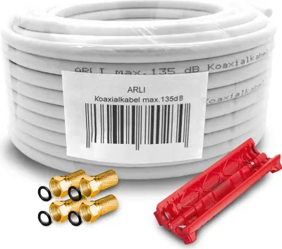 Produktbild von 20m ARLI Koaxialkabel max. 135dB + 4x F-Stecker vergoldet + Abisoliermesser