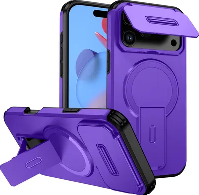Produktbild von Magnetisch Hülle für iPhone 17 Pro Max, Dual Layer Stoßfest Handyhülle mit Dia Kameraschutz, Verstellbarem Ständer Lila