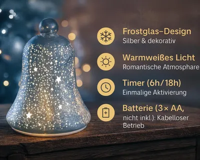 Produktbild von LED Deko Glas-Glocke Weihnachten Frosty Sterne 17cm mit Timer & warmweißem Licht