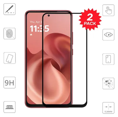 A product image showing a screen protector for a Motorola phone, with various feature icons and a '2 PACK' badge.