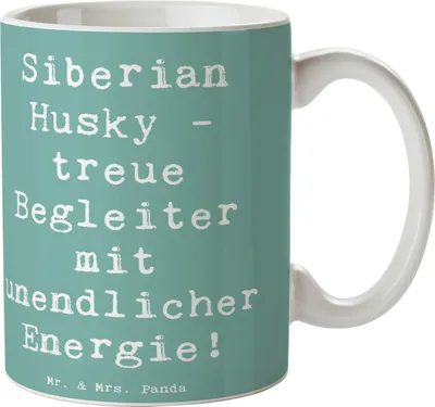 Produktbild von Mr. & Mrs. Panda Tasse Spruch Siberian Husky Energie - Meeresbrise - Geschenk, Henkelbecher, Hunderasse, aktiv, loyal, kaffeetasse bedruckt, Kaffeebecher, treue Hunde