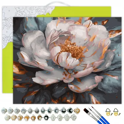 Obrázek produktu pro Ach, umění! Malování podle čísel pro dospělé "Cool Peony" 40x50 cm - plátno s dřevěným rámem, 28 akrylových barev včetně zlaté barvy, 3 štětce a příslušenství