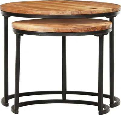A set of two nesting tables with wooden tops and black metal frames.