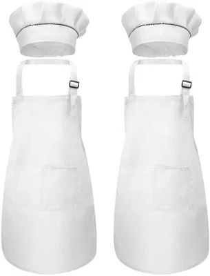 Produktbild von Unyqoos® Verstellbares Kinderschürzen-Set mit Kochmützen, 2 Schürzen & 2 Mützen, Weiß, Polyester, 60×45 cm, 4–13 Jahre, 2 Taschen, elastischer Bund, Maschinenwaschbar