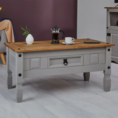 Produktbild von Couchtisch RAMON im Mexiko-Stil Wohnzimmertisch Beistelltisch Kiefer massiv, grau/braun lackiert mit 1 Schublade