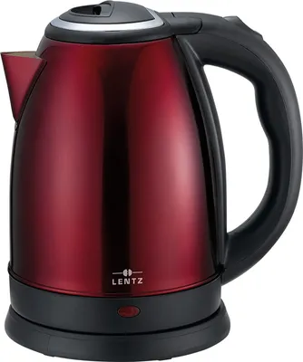 A red electric kettle with a black handle and base, shown from the front.