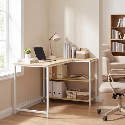 Produktbild von VASAGLE Schreibtisch mit Stauraum, L-Form Computertisch, höhenverstellbare Ablage, Büro, 110 x 80 cm, Natureichenfarben und Mattweiß