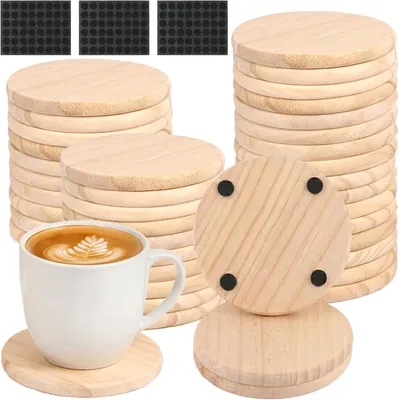 Productafbeelding van Onderzetters, rond, hout, 10 cm, 36 stuks, met antislipkussentjes, voor dranken
