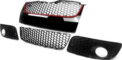 Immagine prodotto di Set griglia radiatore a rete per VW Jetta GTI/GLI MK5 (2006-2009) - Griglia anteriore superiore e inferiore - Look sportivo a nido d'ape con striscia rossa - Plastica di alta qualità - Per il paraurti anteriore