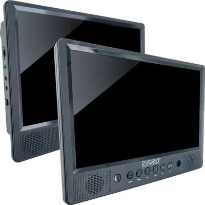 Produktbild von SCHWAIGER 716474 Tragbarer DVD Player 2 Bildschirme Portabler Videospieler Akku Fernbedienung SD-Slot USB-Anschluss Standfuß für KfZ Auto inkl. Befestigunsmaterial