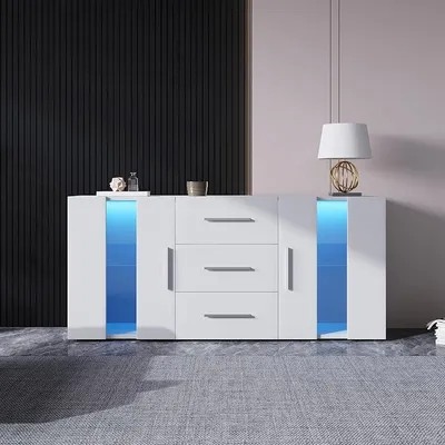 Zdjęcie produktu dla Komoda biała z oświetleniem LED i sterowaniem za pomocą aplikacji – szafka RTV o szerokości 140 cm, wielofunkcyjna szafka do przechowywania, 3 szuflady i 2 drzwiczki, solidna przestrzeń do przechowywania do salonu i sypialni