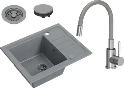 Produktbild von VBChome Spülbecken Granit Grau mit Armatur 55 x 44 cm Einzelbecken Einbauspüle Gesprenkelt Reversibel Granitspüle Grau Siphon Waschbecken Armatur