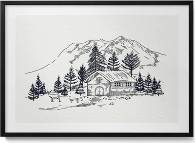 Produktbild von Zeichnung einer Hütte in den Bergen– Wandbild mit Rahmen – Gerahmtes Bild  – Wanddekoration – 100x70 cm –  Schwarz Rahmen