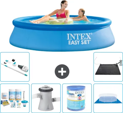 Produktbild von Intex runder aufblasbarer Easy Set-Pool – 244 x 61 cm – Blau – im Lieferumfang enthalten Wartungspaket - Filterpumpe für Schwimmbad - Filter - Bodenplane - Staubsauger - Solarmatte