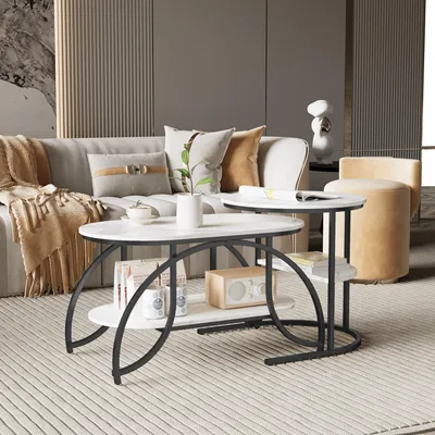 Immagine prodotto di set di 2 tavolini da caffè moderni, struttura in metallo nero, impiallacciatura in marmo, rotondo, soggiorno, divano, camera da letto