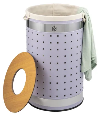 Produktbild von eluno runde Wäschetonne, Wäschekorb, Wäschesammler mit waschbarem Wäschesack und abnehmbaren Deckel, 50 Liter Fassungsvermögen für Schlafzimmer, Badezimmer, Wäscheaufbewahrung aus Metall, flieder