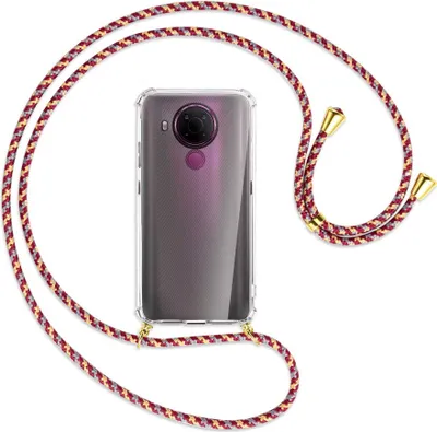 Produktbild von Handykette Backcover-Schutzhülle mit Band (Metall goldfarben) für Nokia 5.4 - weinrot/gelb/grau