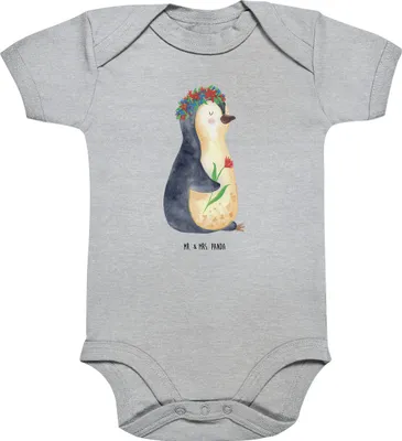 Produktbild von Mr. & Mrs. Panda Babybody Pinguin Blumen 1. - 3. Monat - Heather Grey - Geschenk, body baumwolle, Geschenkidee, Wunderschön, Strampler Baby, strampelanzug, babykleidung