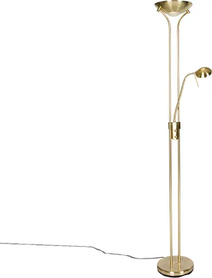Produktbild von Qazqa led Modern Deckenfluter mit Lesearm, Stehleuchte, Stehlampe - Diva - Gold, inkl. 23W integrierter LED, 2000K - 3000K, dimmbar, 2-flammig, 180cm, Ideal als Bürolampe und Schlafzimmerlampe