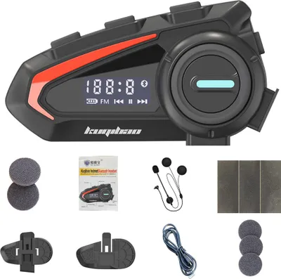 A collage of a motorcycle Bluetooth headset and its accessories, laid out on a white background.