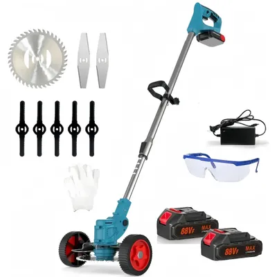 Produktbild von Rasentrimmer Freischneider mit 2x 21V& Ladegerät Akku, Akku-Rasentrimmer, Teleskop-Stiel & Zusatzhandgriff, Mit Rädern, Blau