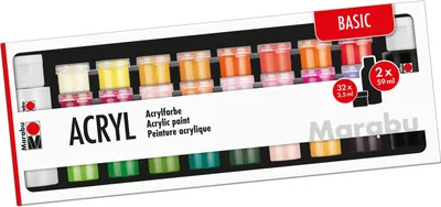 Produktbild von Marabu Acrylfarben-Set "BASIC", 32 x 3,5 ml / 2 x 59 ml