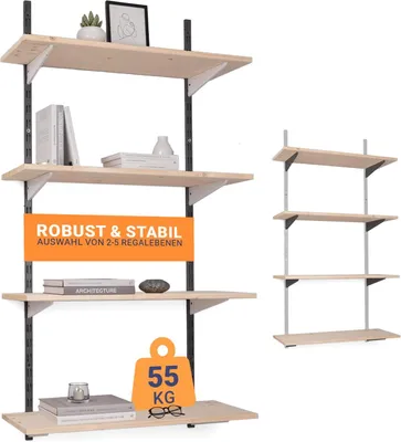 Produktbild von BOOMET Wandregal Metall mit Boden · 4 Ebenen 80x30cm Höhe 100cm Schwarz/Weiß · Wandschienen Regalsystem Regalträger Schienensystem 50 Varianten