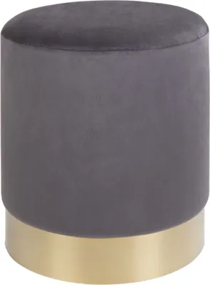 A gray velvet ottoman with a gold base.
