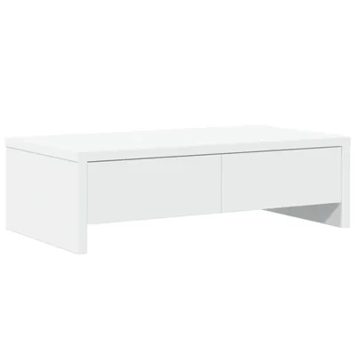 A white monitor stand with two drawers, shown from a side-angle against a white background.
