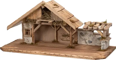 Produktbild von Große Weihnachtskrippe | aus Holz und Gips gefertigt | mit Moos, Steinen und Stroh geschmückt | sehr detailreiche Krippe (ca. 70 x 30 x 31 cm (BxTxH))