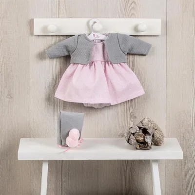 Produktbild von Asi Puppenkleidung Kleid mit grauer Strickjacke und Mütze - Puppenoutfit