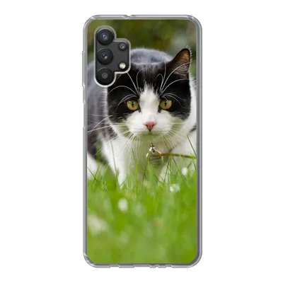 Produktbild von MuchoWow® Handyhülle Schutzhülle Hülle für Samsung Galaxy A32 5G Katze - Gras - Schwarz - Weiß - Mädchen - Kinder - Jungen - Kinder Silikon Softcase Handy Hülle - Softcase