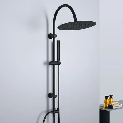 Zdjęcie produktu dla Deszczownica JOHO bez kranu, zestaw prysznicowy ze stali nierdzewnej z okrągłą głowicą XXL D30cm, reling prysznicowy w kształcie litery U w kolorze czarnym