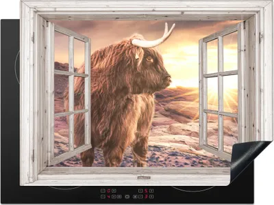 Produktbild von KitchenYeah© Herdabdeckplatte Schottische Highlander - Landschaft - Ansicht , 71x52cm, Küche Deko, Glaskeramikkochfeld Herdabdeckung, Abdeckplatte fùr Kochfeld
